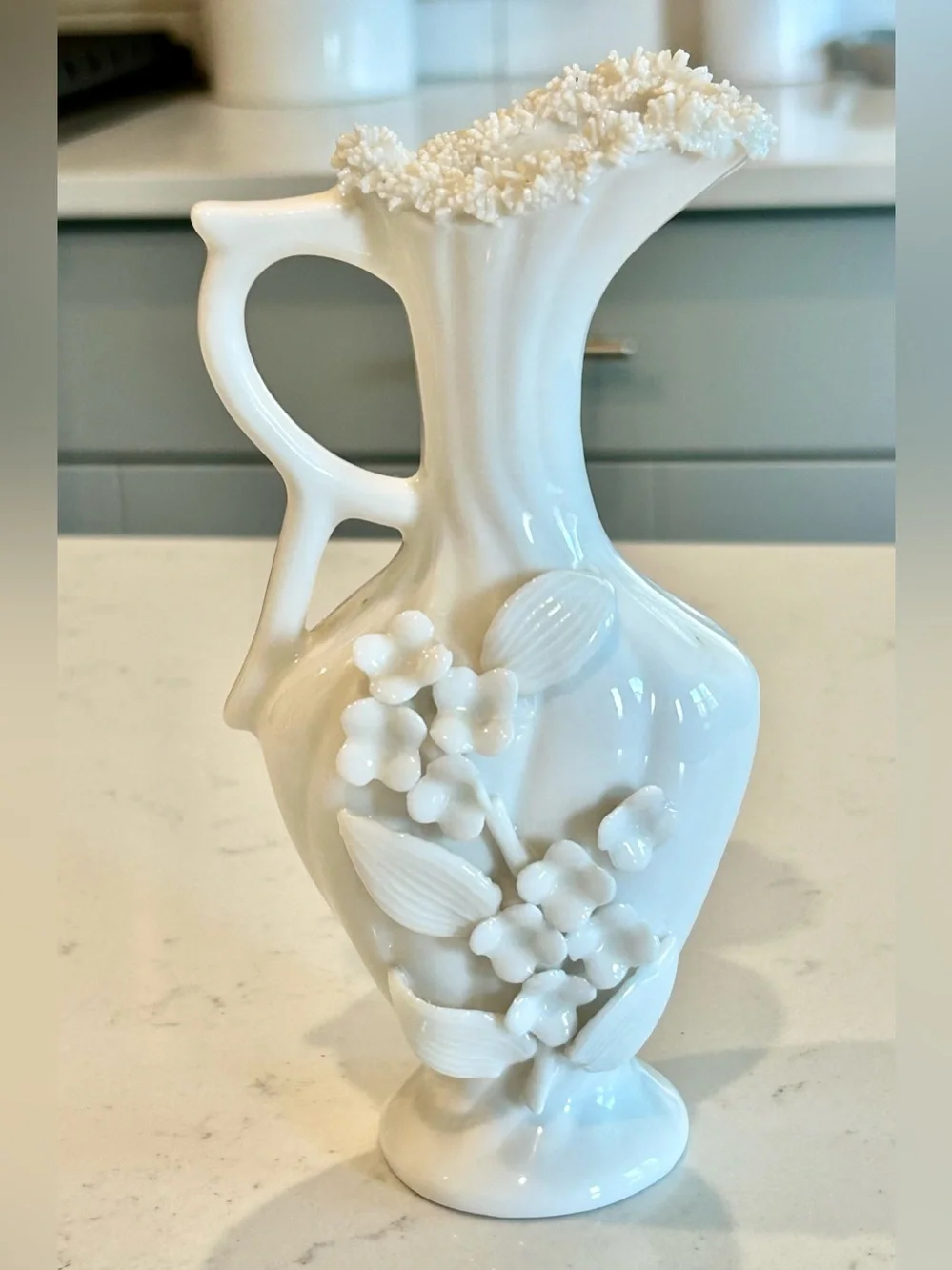 Vintage Ardalt Japan Verithin White Porcelain Vase with Floral Appliqué